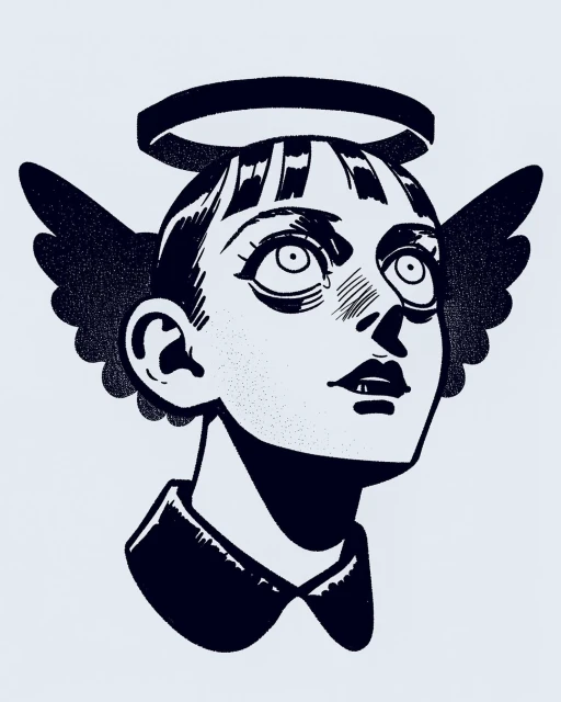 Illustration of a stylized young person with angel wings and a halo, looking upwards in a black-and-white color scheme on a light background.