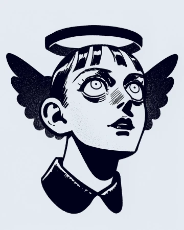 Illustration of a stylized young person with angel wings and a halo, looking upwards in a black-and-white color scheme on a light background.