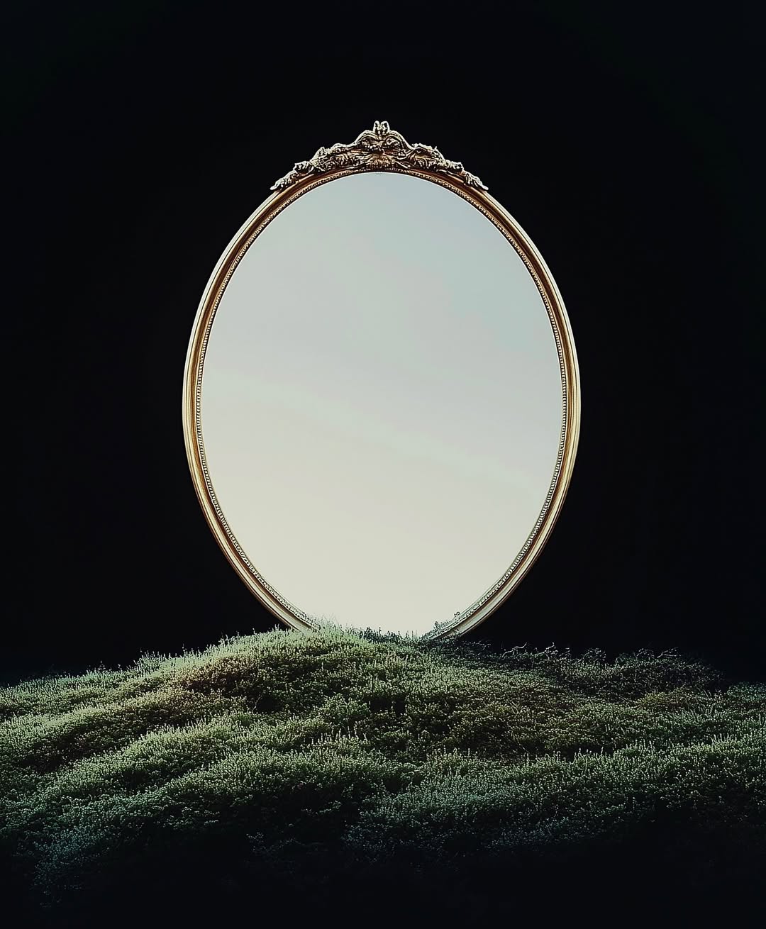 Ornate gold oval mirror on textured green moss against a dark background, reflecting a light, bright sky and open space.