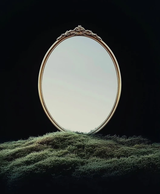 Ornate gold oval mirror on textured green moss against a dark background, reflecting a light, bright sky and open space.