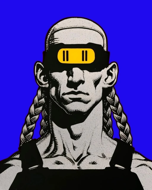 Graphic art portrait of a fair-skinned adult man with braids wearing black overalls and a yellow-accented visor against a royal blue backdrop.
