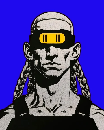 Graphic art portrait of a fair-skinned adult man with braids wearing black overalls and a yellow-accented visor against a royal blue backdrop.