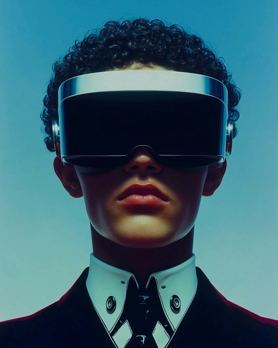 Close-up portrait of a person with curly hair wearing large black visor sunglasses, a white collared shirt, and a black jacket against a light blue background.