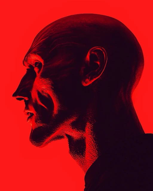 Portrait of a bald adult male in profile with red lighting. Intense facial expression and textured skin are visible against a red background.