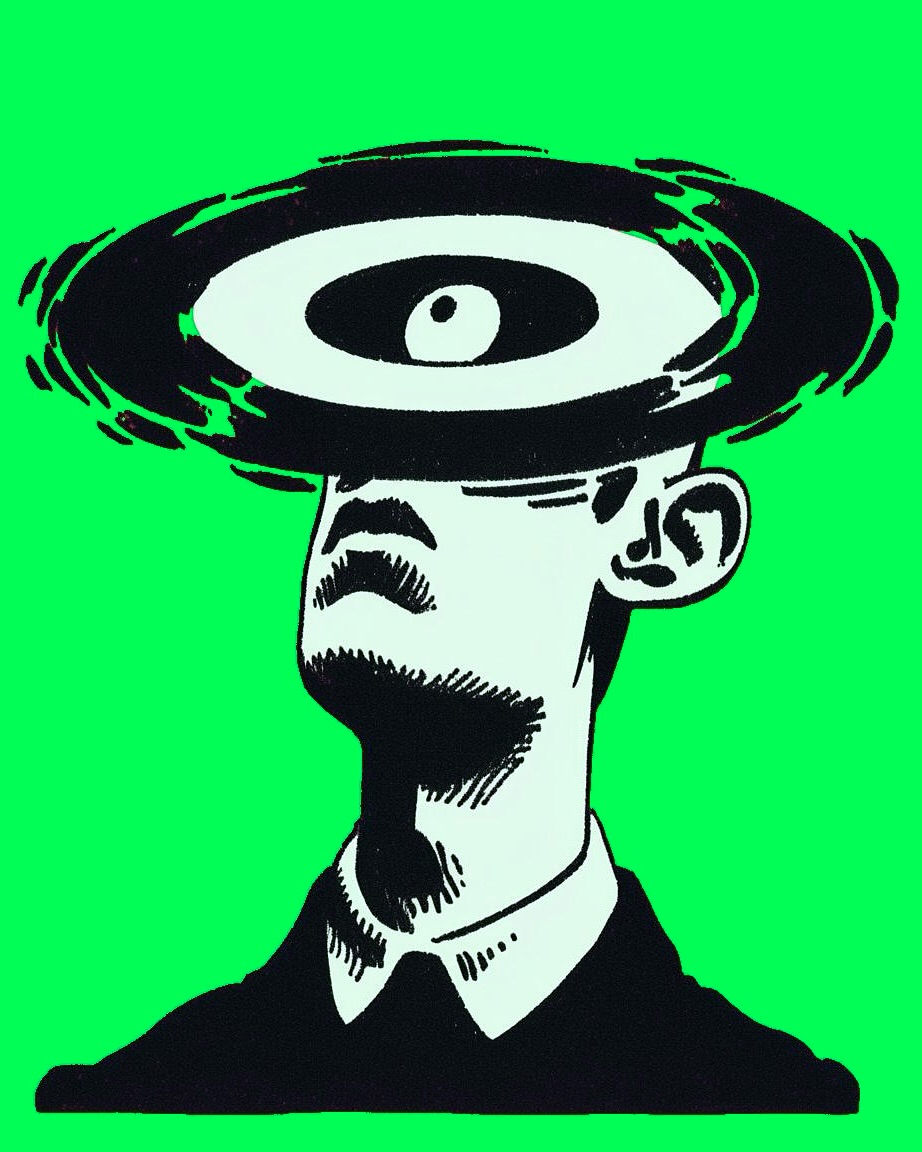 Illustration of a pale-skinned adult male in a suit with a swirling black and white eye-like vortex hovering above his head against a green background.