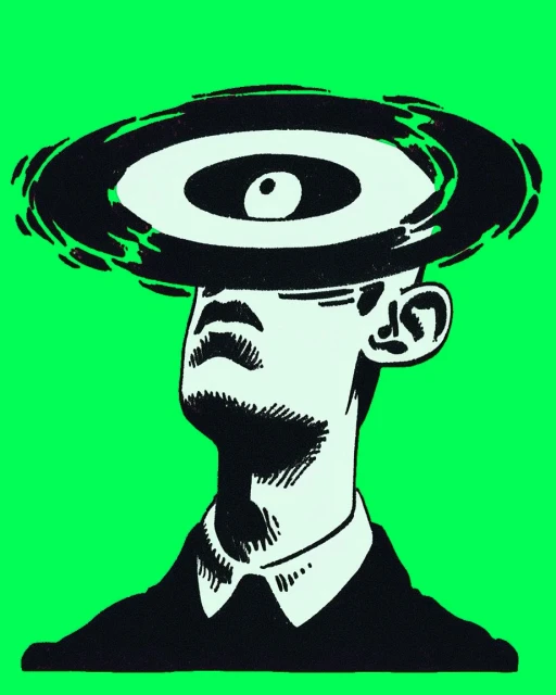 Illustration of a pale-skinned adult male in a suit with a swirling black and white eye-like vortex hovering above his head against a green background.