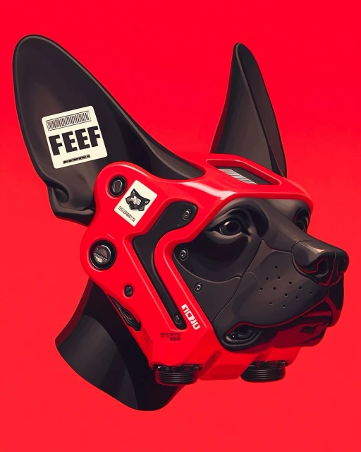 Digital illustration of a futuristic robotic dog head with a red exoskeleton, against a solid red background. Sharp, stylized design.