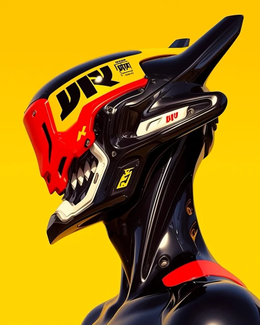 Illustration of a robot head with sharp lines, a red and white lower face, and black, yellow, and red accents against a yellow background.