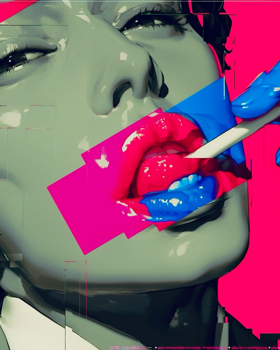 Illustration of an abstract human face with bold pink and blue colors covering the lips and mouth area, creating a surreal artistic effect.