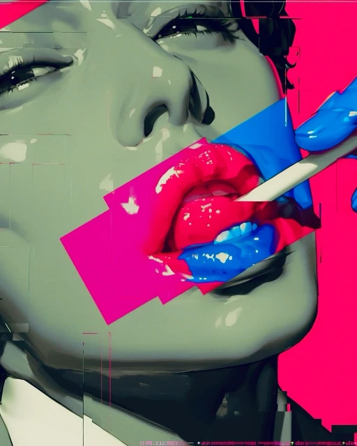 Illustration of an abstract human face with bold pink and blue colors covering the lips and mouth area, creating a surreal artistic effect.