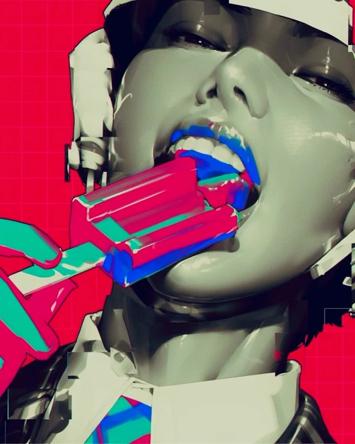 Illustration of person with bright blue lipstick eating a pink and blue popsicle against a red background with distorted digital art effects.