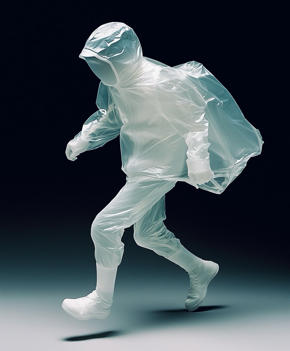 Person in a translucent plastic hooded raincoat, pants, gloves, and shoe covers, walking against a dark blue backdrop with light gradient.