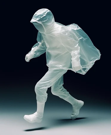 Person in a translucent plastic hooded raincoat, pants, gloves, and shoe covers, walking against a dark blue backdrop with light gradient.