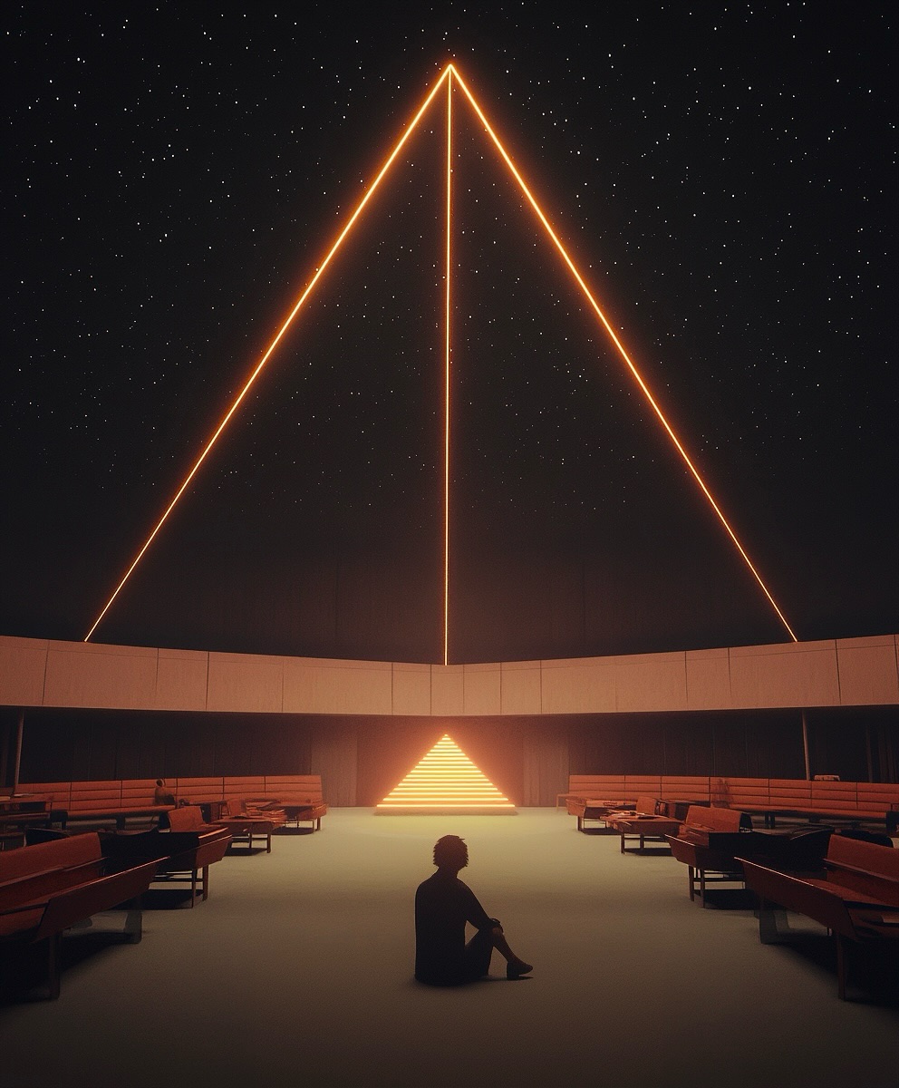 Silhouetted figure sits alone inside a futuristic auditorium-style building under a neon apex, creating a serene and thought-provoking mood.