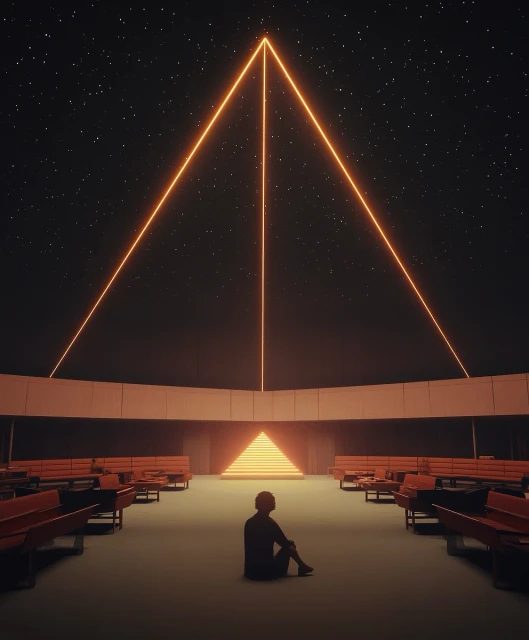 Silhouetted figure sits alone inside a futuristic auditorium-style building under a neon apex, creating a serene and thought-provoking mood.