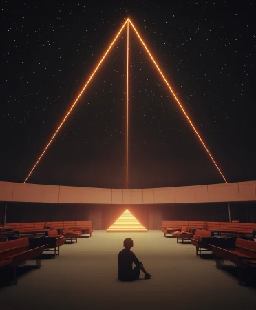 Silhouetted figure sits alone inside a futuristic auditorium-style building under a neon apex, creating a serene and thought-provoking mood.