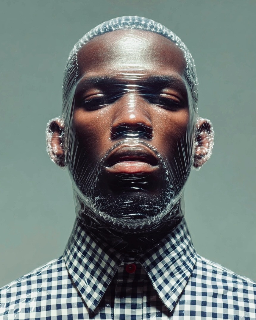 Portrait of an African American man wrapped in plastic film, wearing a checkered shirt, against a gray background, studio lighting.