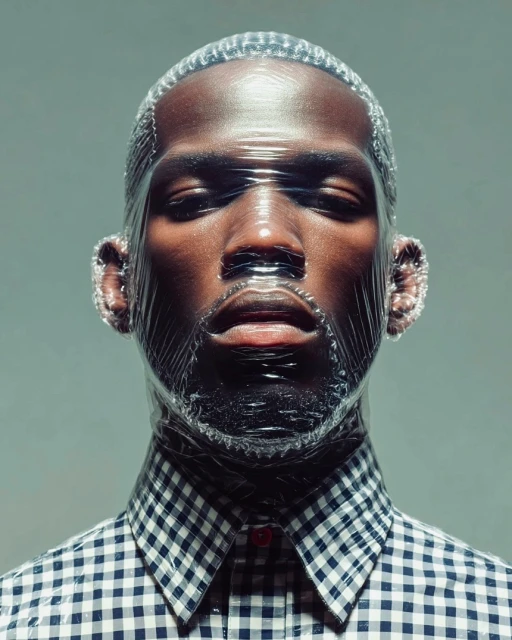 Portrait of an African American man wrapped in plastic film, wearing a checkered shirt, against a gray background, studio lighting.