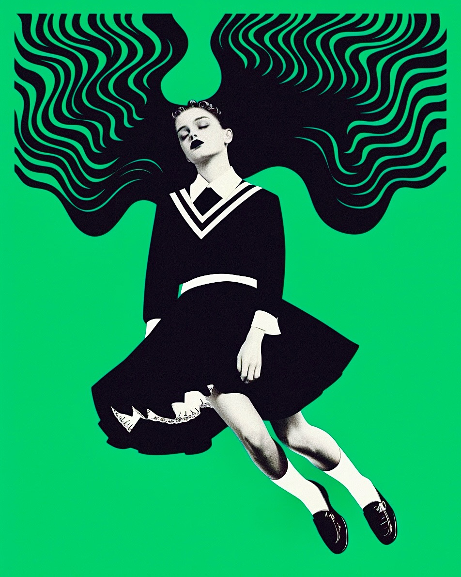 Digital art collage of a woman in a black dress with graphic hair lying against a vibrant green background in a visually striking composition.