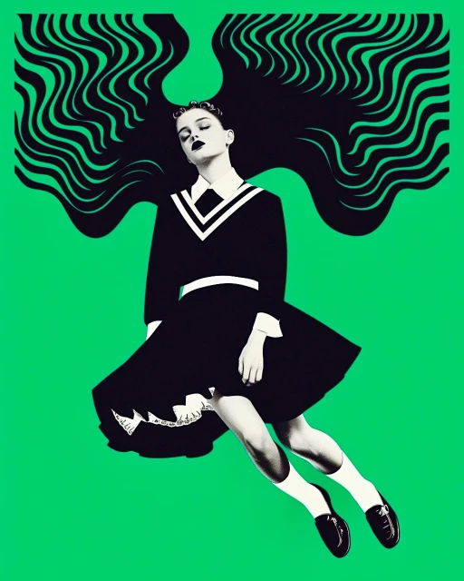 Digital art collage of a woman in a black dress with graphic hair lying against a vibrant green background in a visually striking composition.