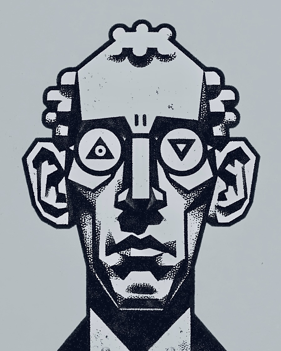 Stylized linocut illustration of an adult man with geometric features, unusual eyewear, and dark suit against a light gray backdrop.