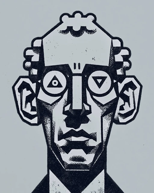 Stylized linocut illustration of an adult man with geometric features, unusual eyewear, and dark suit against a light gray backdrop.