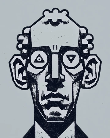Stylized linocut illustration of an adult man with geometric features, unusual eyewear, and dark suit against a light gray backdrop.