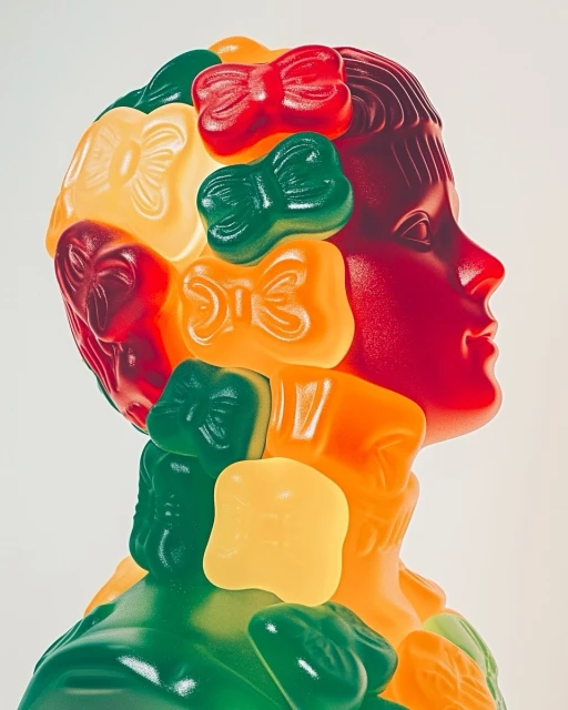 Profile of a mannequin covered in colorful gummy bow ties, shot against a bright white background. The bow ties cover the bust and head.