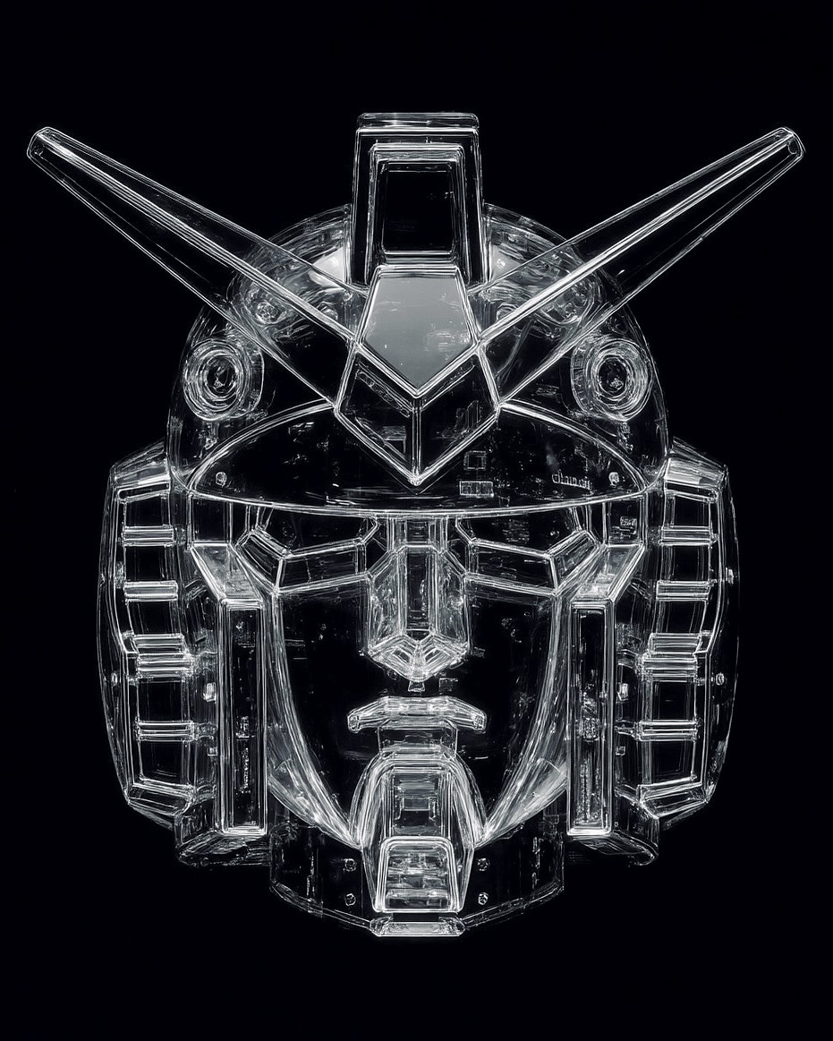 Crystal robot head with clear accents. A futuristic mecha design against a black background creating a striking, transparent aesthetic.
