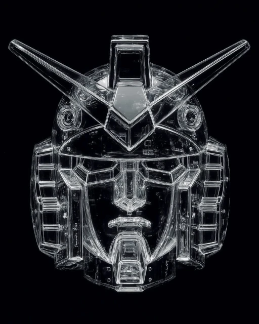 Crystal robot head with clear accents. A futuristic mecha design against a black background creating a striking, transparent aesthetic.