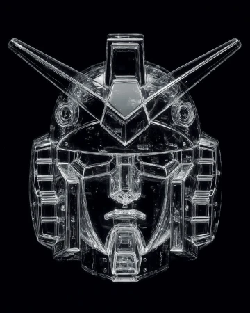 Crystal robot head with clear accents. A futuristic mecha design against a black background creating a striking, transparent aesthetic.