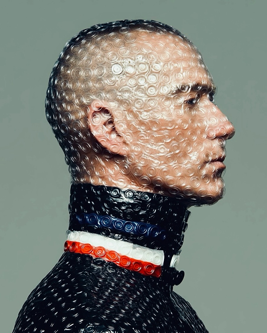 Profile view of adult male wearing bubble wrap head covering and high collar top in studio with neutral grey background, portrait orientation.