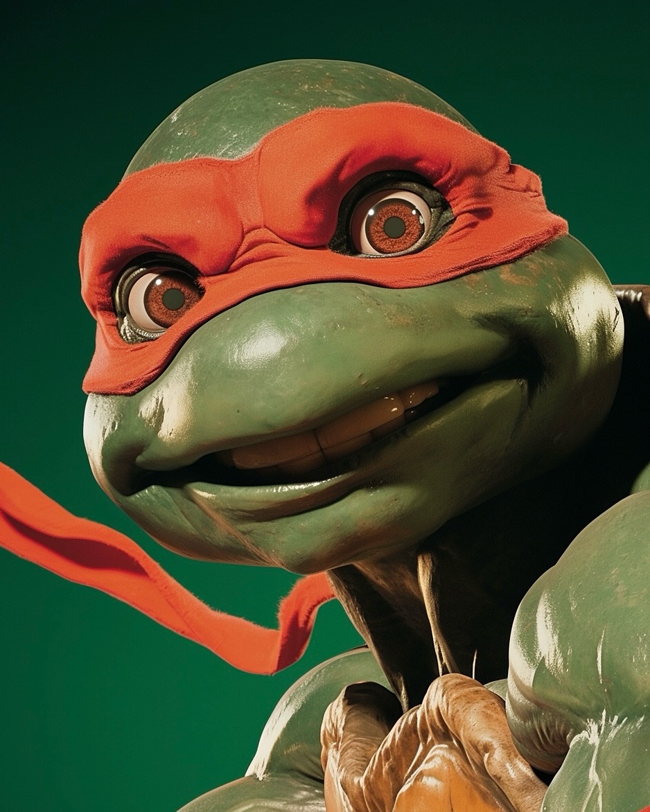 Close-up of a Teenage Mutant Ninja Turtle with green skin and an orange mask, looking directly at the viewer against a green backdrop.