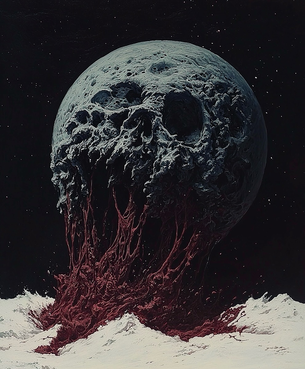 Digital artwork featuring a grey, porous planet or moon hovering above a landscape with a blood-red liquid or texture against a dark backdrop.