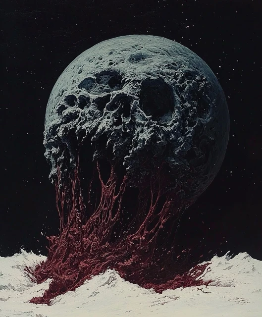 Digital artwork featuring a grey, porous planet or moon hovering above a landscape with a blood-red liquid or texture against a dark backdrop.