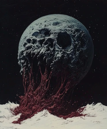 Digital artwork featuring a grey, porous planet or moon hovering above a landscape with a blood-red liquid or texture against a dark backdrop.