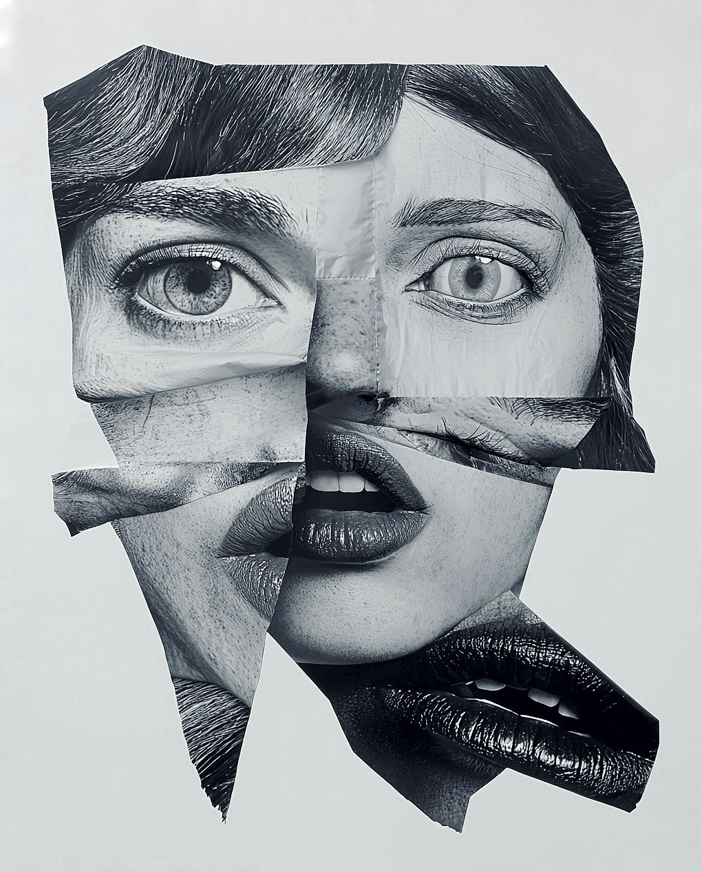 Surreal face collage art featuring cut and paste images of a woman's facial features in black and white on a white background.