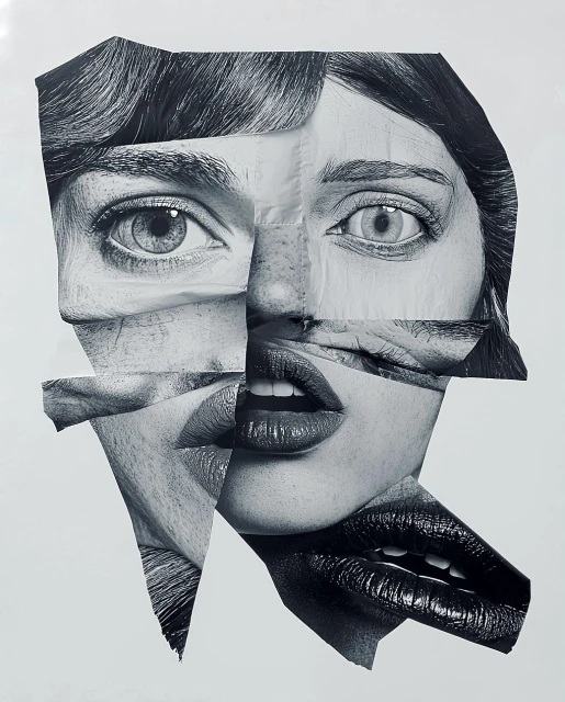 Surreal face collage art featuring cut and paste images of a woman's facial features in black and white on a white background.