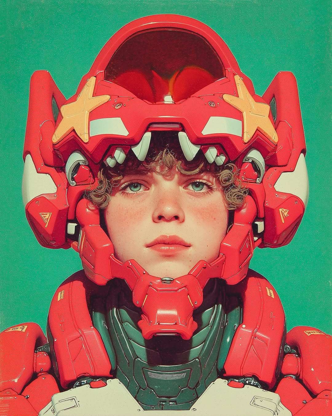 Person in futuristic red and white armor with star accents, against a muted green background. Digital art with robot-like design.