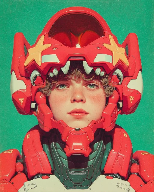 Person in futuristic red and white armor with star accents, against a muted green background. Digital art with robot-like design.