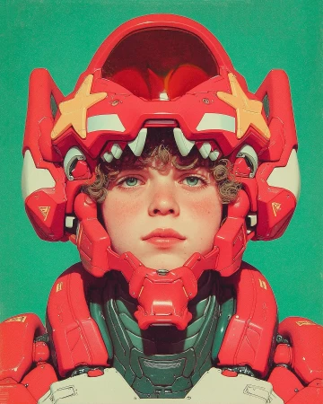Person in futuristic red and white armor with star accents, against a muted green background. Digital art with robot-like design.