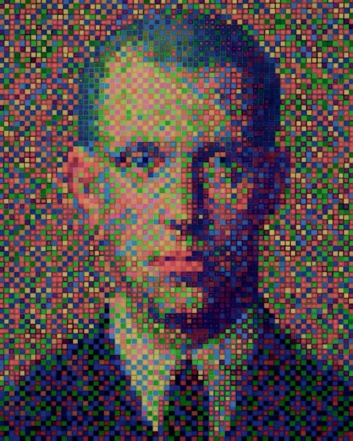 Portrait of a man created from a mosaic of small, colored squares; artistic rendering of a face in an abstract, pixelated design.