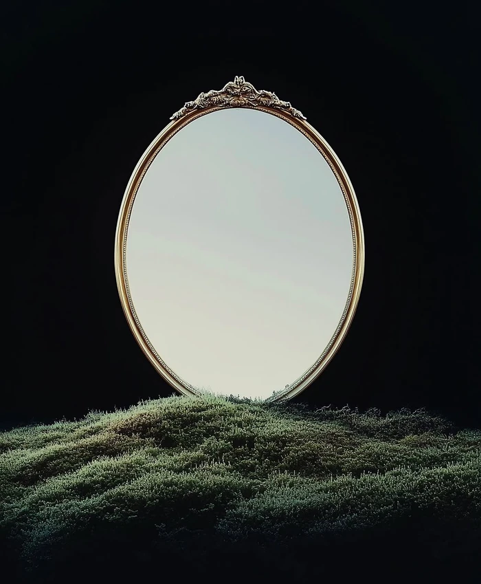 Ornate oval mirror reflecting a pale sky, set into a mound of green moss against a solid black background.
