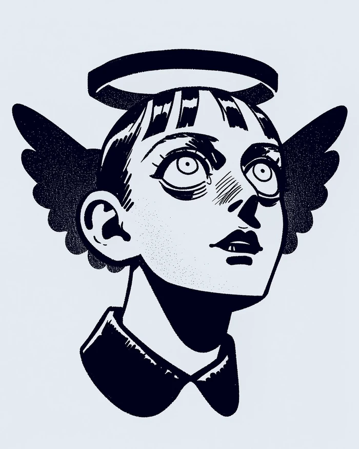 Black and white manga illustration of a woman with a halo and angel wings by AI artist Protone.