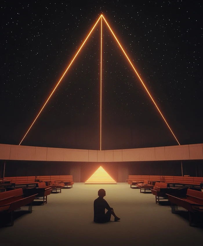 A lone silhouette sits on a pale floor beneath a glowing orange triangular light structure and starry night sky.