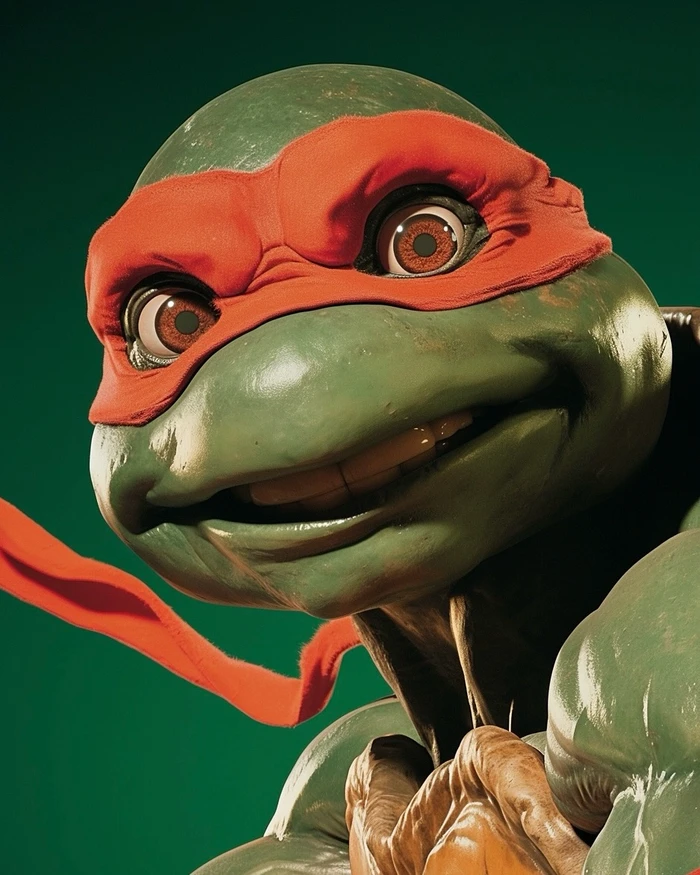 Close-up portrait of a green turtle mutant character wearing a red mask tied around its head against a solid green background