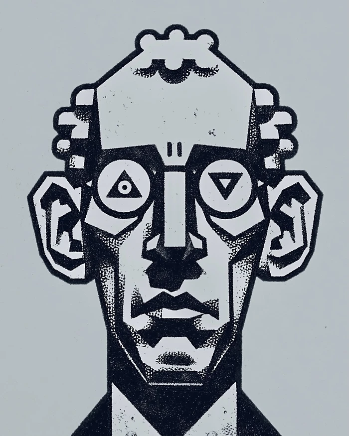 Stylized graphic portrait of a male face featuring geometric eyes with a triangle and inverted triangle, created by Protone.