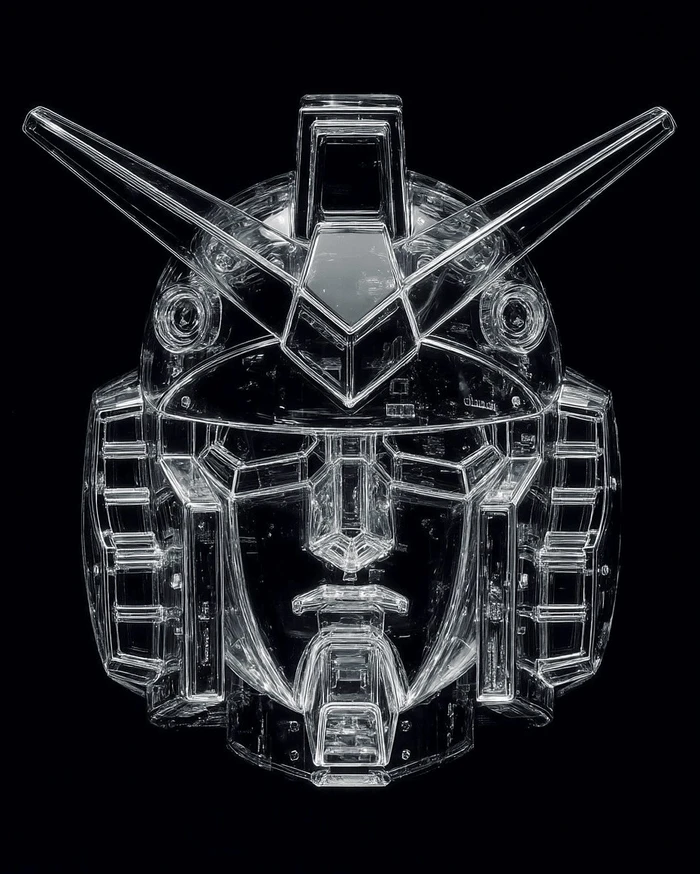 Transparent glass mecha robot helmet head sculpture centered against a solid black background.