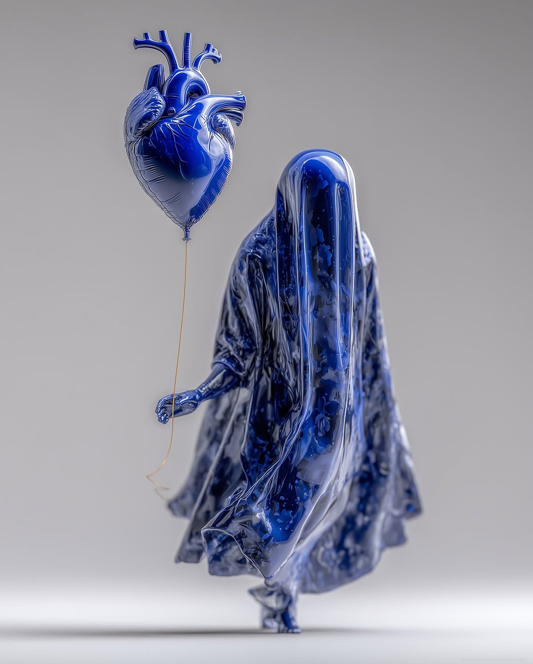 Blue monochrome art featuring a draped figure holding a heart-shaped balloon, creating a surreal and visually striking composition.