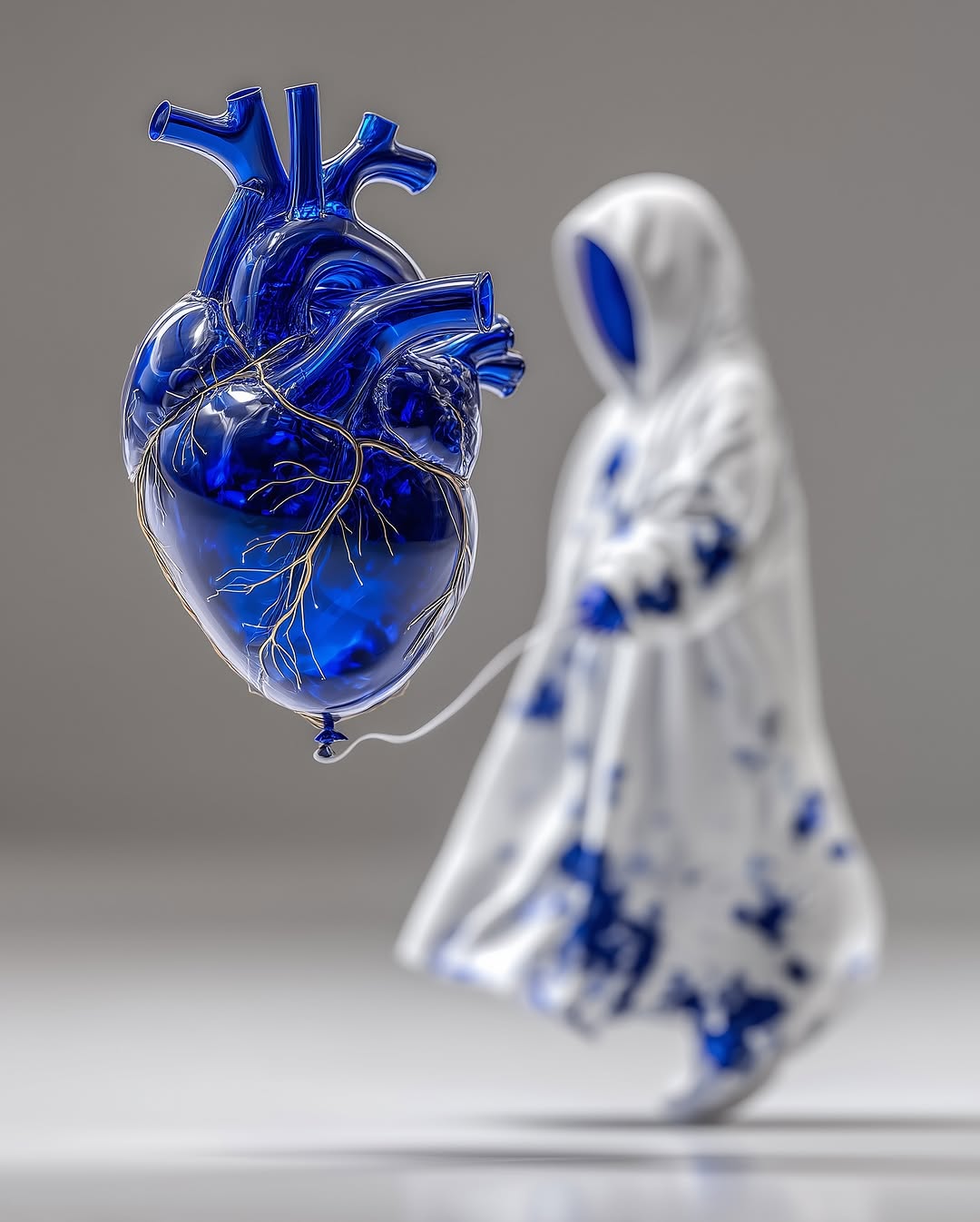 Digital art of a vibrant blue heart-shaped balloon held by a blurred, cloaked figure in an abstract setting with muted gray background.